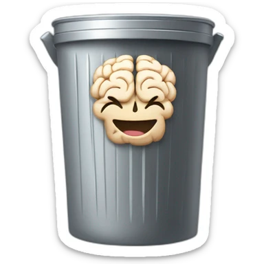 a trash can with brain instead of the lid, smiling face on the trash can sticker