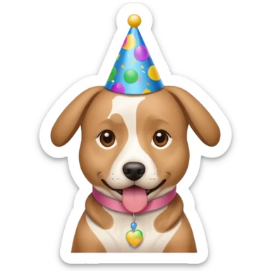 Dog wearing birthday hat with confetti sticker