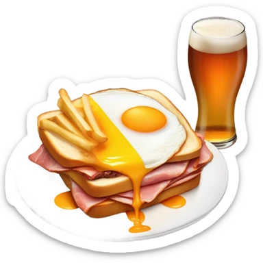 Francesinha sandwich from Porto, Portugal: two thick bread slices with ham, linguiça, and steak inside, covered in melted cheese, topped with a fried egg, and surrounded by rich orange beer sauce on a plate with fries. sticker