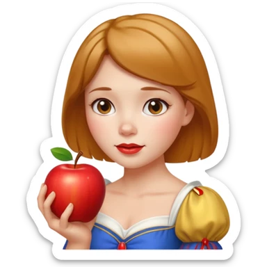 Create an emoji of Snow White holding a red apple, with short golden-brown hair. sticker