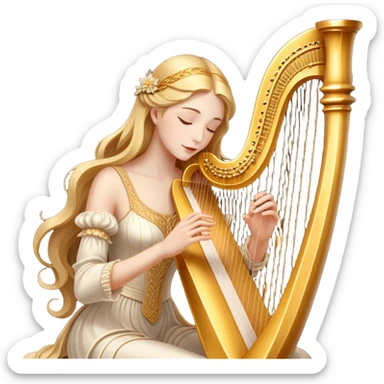 Cinematic Realistic Harp, a grand golden harp with intricately carved details, delicate strings shimmering under soft candlelight, rich wood tones adding warmth, a musician’s gentle fingers plucking a note, glowing with an ethereal and majestic aura. sticker