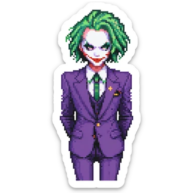 The Joker villain full body with green hair, purple suit, white face, red lips sticker