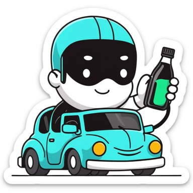 car with a driver sipping from a bottle, wobbly motion lines sticker