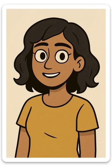 a girl with olive skin, black wavy hair by her shoulders, and dark brown eyes, in a cartoon style sticker