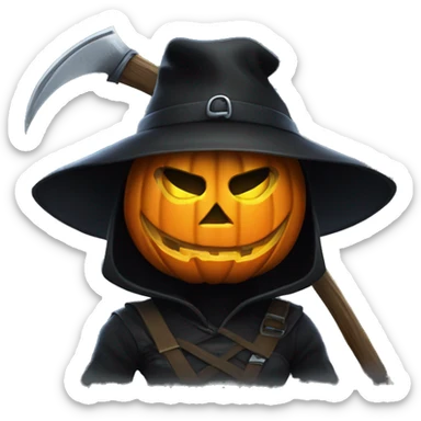 Human female pumpkin hunter with a scythe, glowing pumpkin eyes inside a black helmet, Halloween theme, emoji sticker