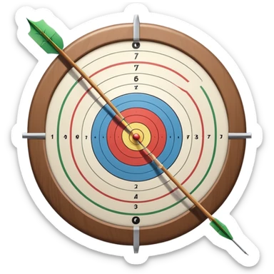 the recursive bow with an arrow drawn back, aimed at a target with concentric rings. The background suggests a calm, outdoor archery range, emphasizing the precision, focus, and skill required in archery as a competitive sport. sticker