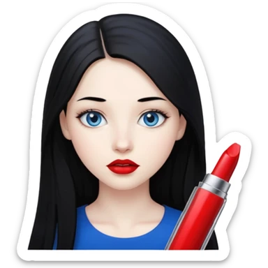 20 yr old woman long straight black hair, pale skin, blue eyes, red lipstick sticker