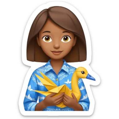 happy-african-young-girl-with-brown-hair-in-a-white-colorful-vintage-kanga-shirt-holds-an-origami-yellow-and-blue-crane sticker