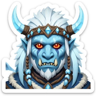 Fantasy Christmas orc shaman icon, ice spirit magic theme, glowing runes, winter tribal mask elements, mystical cold atmosphere, emoji sized portrait, male/female variant sticker