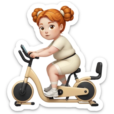 Fat Ginger girl freckles space buns riding stationary bike cream outfit sticker
