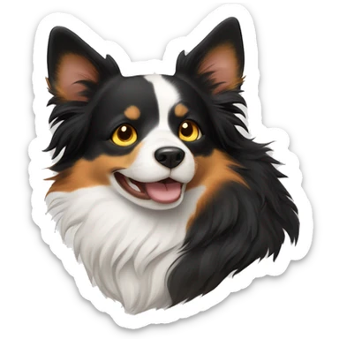 Calico cat (black, orange and white) with yellow eyes next to a border collie (black and white) with brown eyes - bust only and have the border collie smiling  sticker