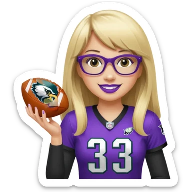 full length women wearing eagles uniform, long blonde hair, blunt bangs, black glasses, holding football, number 33, smiling, purple lipstick sticker