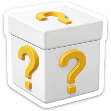 white cube shaped box printed with "q&a" over stuffed with yellow question marks sticker