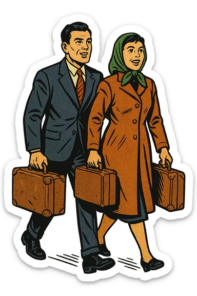 A refugee husband and wife from Eastern Europe in the 1950s both carrying a small old brown suitcase and looking hopeful. They are both walking sticker