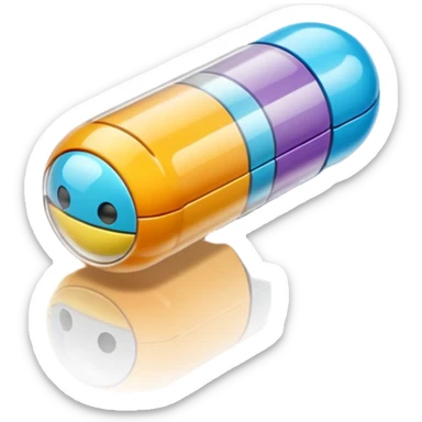 A single 3D cartoon capsule lying on a reflective surface, split color design, detailed shine, simple lighting, realistic Memoji-style. sticker