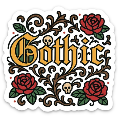the word 'Gothic' in highly elaborate gothic calligraphy, with ornate flourishes, dark roses, tiny skulls, and baroque filigree sticker