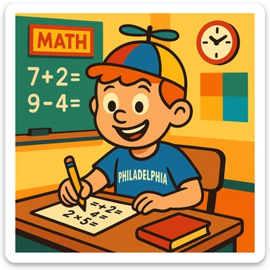 Little Johnny, cheerful young boy with a propellor hat, wearing a Philadelphia sports shirt, in a math classroom, showing good work habits, vibrant and clear illustration, colorful, friendly, positive atmosphere sticker