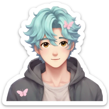 Gorgeous pastel anime style shojo man with blushing face and butterflies aesthetic trending style sticker