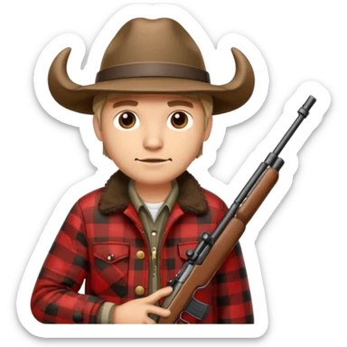 Man wearing buffalo plaid jacket and hat, with rifle sticker