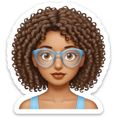 Chica morena cabello crespo con lentes transparentes y ojos cafés y blusa  de tiras color azul claro. sticker