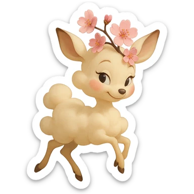 feminine vanilla cloud doe, rosy cheeks, cherry blossom head, floating gracefully, Pixar style sticker