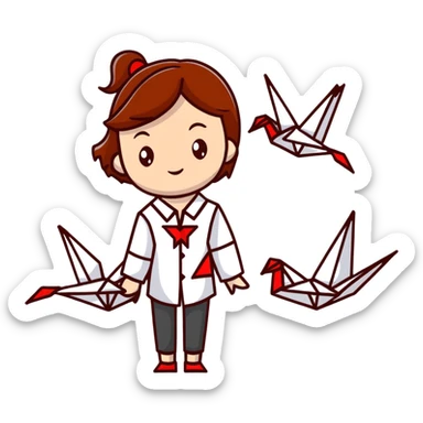 A happy Ukrainian young girl with brown hair in a white embroidered shirt makes an origami red crane craft sticker