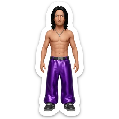Jonathan Davis with long black hair, purple metallic baggy pants, shirtless with necklace sticker