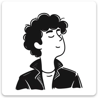 Hand-drawn portrait of a rockstar musician, face and upper body only, confident expression with half-closed eyes looking upward, knowing smirk, contemplative expression showing he's envisioning success sticker