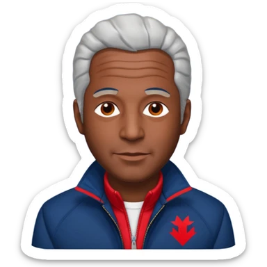 Jeffery Epstein with dark blue jacket and red logo  sticker