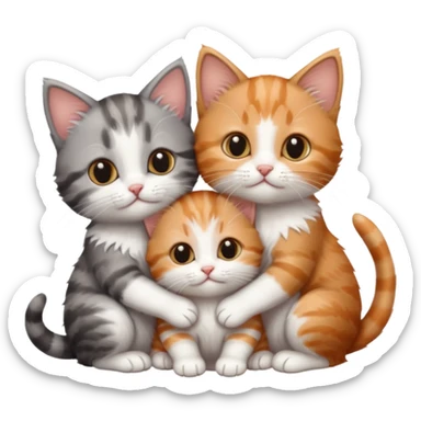 3 very small kittens cuddling together all different colours, the first one is grey and white, the second is ginger and white and the third is brown tabby and white sticker