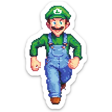 Luigi running, pixel art style, green hat, blue overalls, dynamic movement sticker