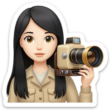 girl photographer with black long straight hair and beige camera sticker
