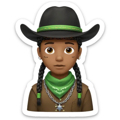 Black boy with short box beaids wearing a black cowboy hat with green bandana around his neck sticker