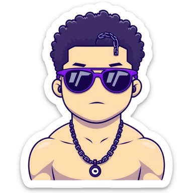 shirtless male athlete with white skin and moderately curly black hair on top with shaved sides, wearing purple sunglasses with very dark heavily tinted black lenses, and a simple plain black chain necklace, no earrings or other jewelry sticker