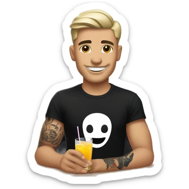 young bartender with white skin and tattoo on left the hand. he is wearing black t-shirt which has teeth-smile print in heart area. he is holding cocktail. sticker