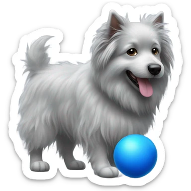 Realistic grey fluffy dog with blue ball sticker