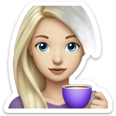 white blonde girl with blue eyes that is holding cup with purple tea sticker
