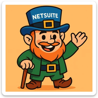 cartoon leprechaun, blue hat with 'NetSuite' text, friendly and fun sticker