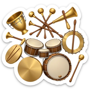 Create a heraldic, festive, and professional emblem-like emoji representing percussion instruments. The design should resemble a traditional crest, featuring a range of percussion instruments like cymbals, triangle, tambourine, maracas, timpani, and other traditional and folk percussion instruments. Arrange them symmetrically, with elements like cymbals crossing each other, a triangle at the center, and timpani or drums flanking the sides. The instruments should be depicted with metallic and wooden tones—shiny brass for cymbals, silver for the triangle, and rich wood or polished bronze for drums. Include ornate details like engraved patterns on the instruments, decorative swirls or laurels, and subtle accents to add elegance and festivity to the composition. The overall design should be cohesive, balanced, and visually striking, suitable for use as a prestigious emblem. The background should be transparent. sticker