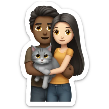 man with long dark hair and brunette girl with grey cat in her arms sticker