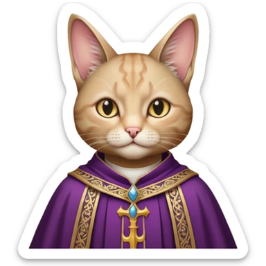 “Half-body humanoid figure with a realistic cat face, wearing ornate bishop robes and a mitre, dark gothic background, dramatic lighting, sticker
