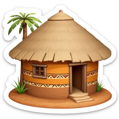 African mud hut tribal house, round adobe clay house, thatched roof, warm sunlight, colorful tribal patterns, cute mobile game icon, 3D cartoon, high detail, clean background sticker