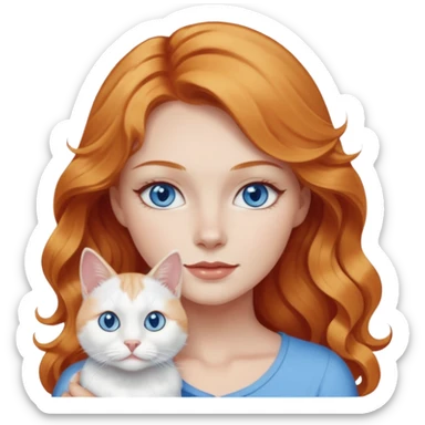 Long wavy strawberry blonde blue eyes woman with a white cat with blue eyes sticker