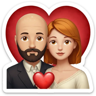 Couple. Bald man with dark brown-black beard. White woman with many small, faded freckles, white skin and she has auburn-yellow-brown-caramel, dark hair. She has light orange-brown eyes. The man have hazel eyes. They are inside one big heart. Retro style. sticker