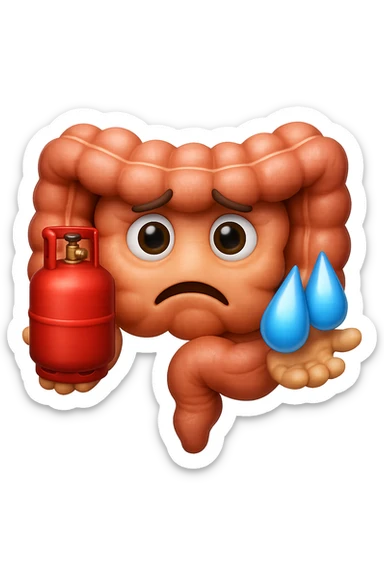 EMOJI STILE IPHONE DI un'intestino preoccupato che ha una bombola di gas in mano e due gocce di acqua in 3d nell'altra mano, IPERREALISTICO 4K sticker
