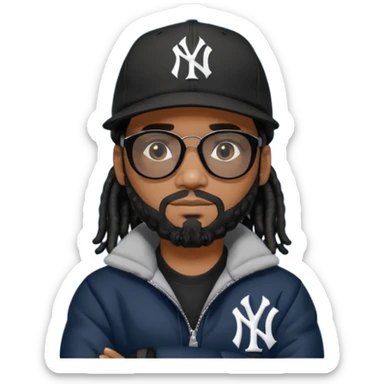 African American man with shoulder length black dreadlocks and black beard wearing black sunglasses with a New York Yankees baseball cap wearing a dark black bubble winter coat with arms folded sticker