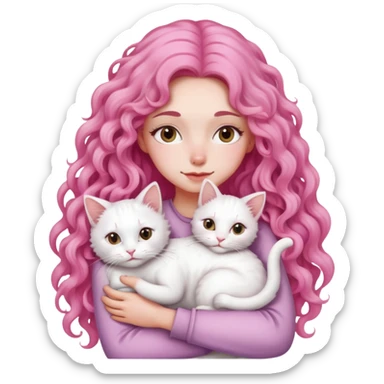 pink long curly hair woman hug with a white cat sticker