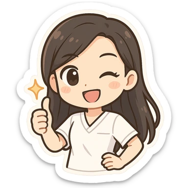 3D chibi bitmoji style sticker of a girl with long dark hair, white medical top, winking and giving a thumbs up, white outline sticker
