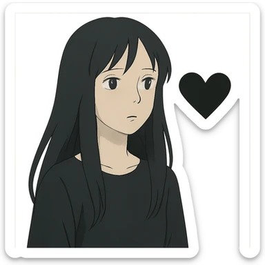 ghibli style pale girl with long black hair and a black heart sticker