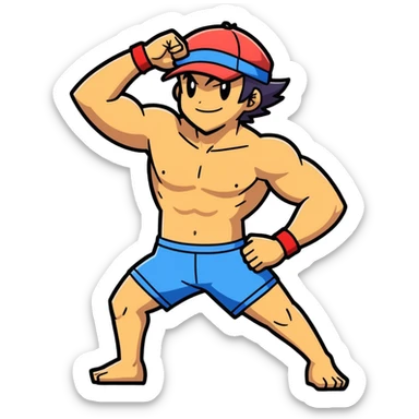 Bara style Hot handsome very muscular 6ft 5inch tall smiling happy fun shirtless Ash Ketchum dancing to techno with two best friends in short swimwear sticker